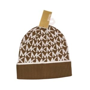 Michael Kors Dark Camel Cream Monogram Beanie Skully Hat‎ 537988C